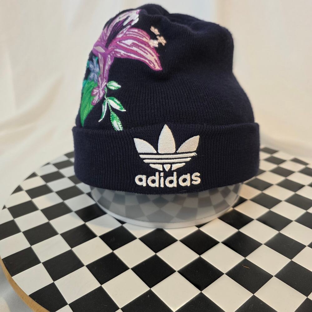 Adidas‎ Floral Beanie Womens Embroidered Trefoil Logo Navy Knit Cap OSFM